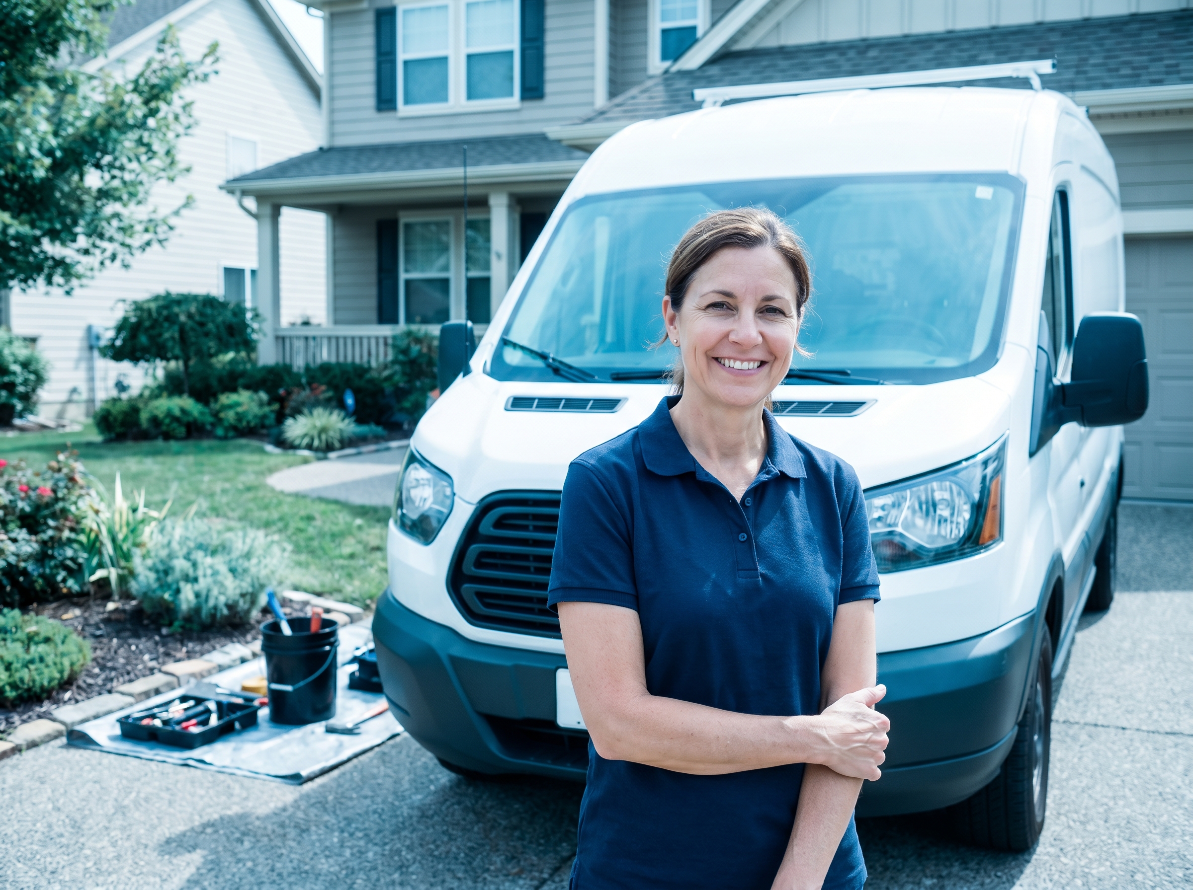 A home-services business owner in front of her work van, calls handled automatically