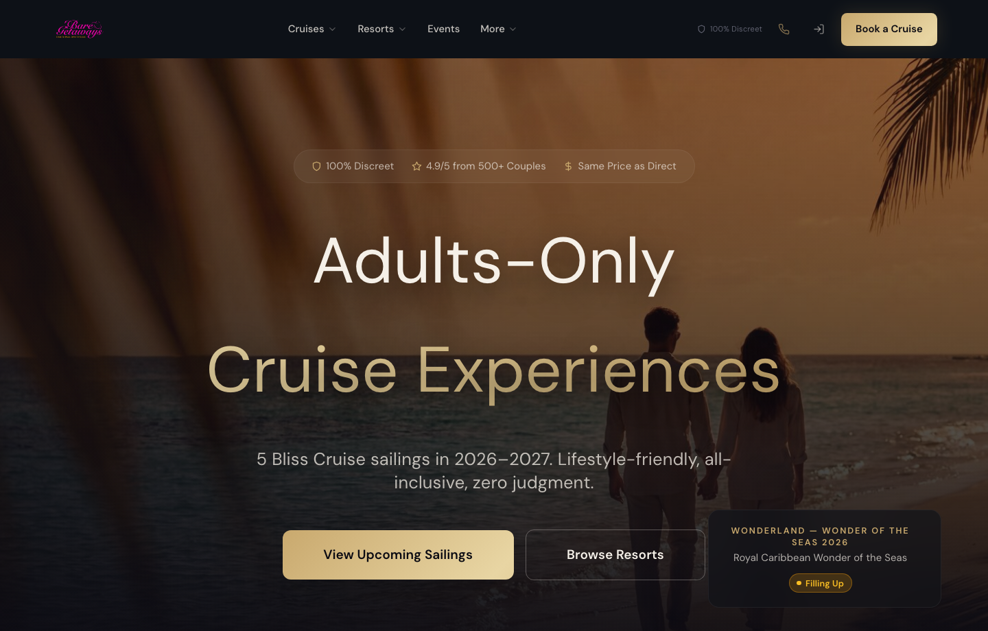 Bare Getaways live homepage screenshot