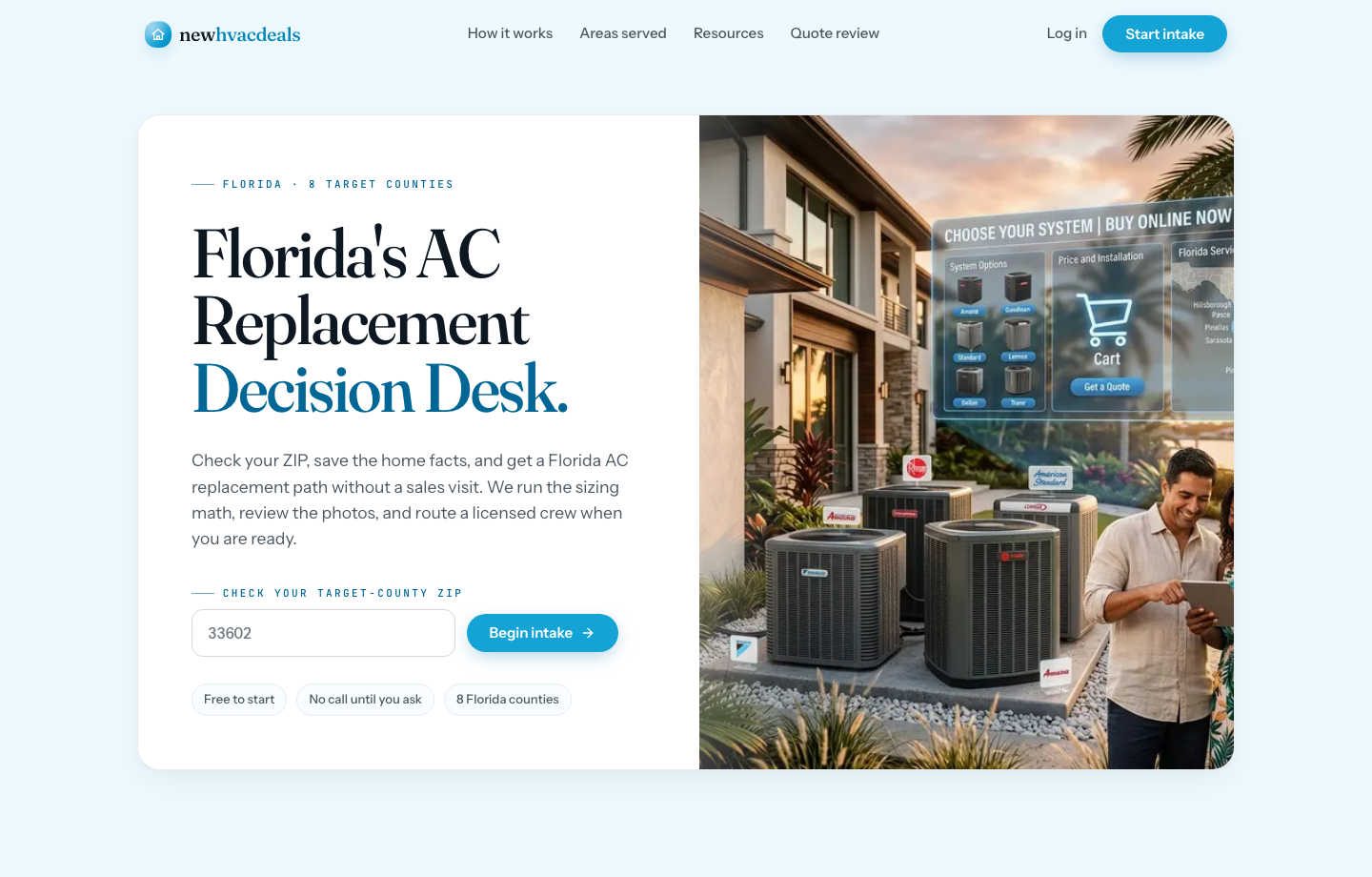 NewHVACDeals live homepage screenshot